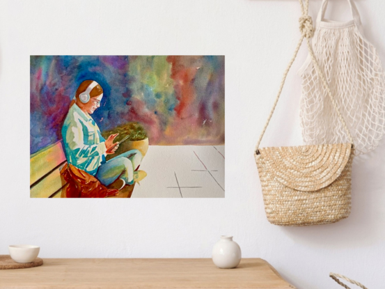 artwork showing a woman sitting on a bench wearing headphones scrolling through her phone