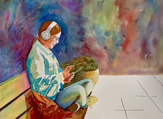 artwork showing a woman sitting on a bench wearing headphones scrolling through her phone