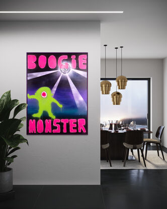 Dancing green monster on a dark disco ball lit dance floor. Hot pink text reads BOOGIE MONSTER.