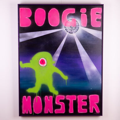 Dancing green monster on a dark disco ball lit dance floor. Hot pink text reads BOOGIE MONSTER.