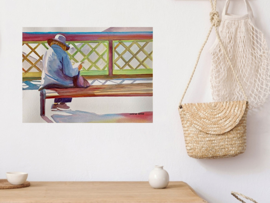 artwork showing a woman sitting on a bench on a bridge