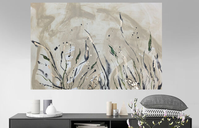 This elegant floral artwork features large intricate blooms and several unopened buds intersperse the full flowers in olive green, grey blue and brown with beige and cream