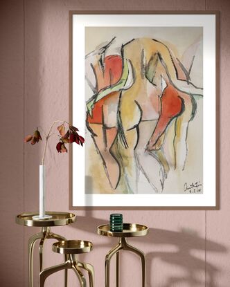 Watercolour image of 3 nude women from the back, in an embrace of friendship 