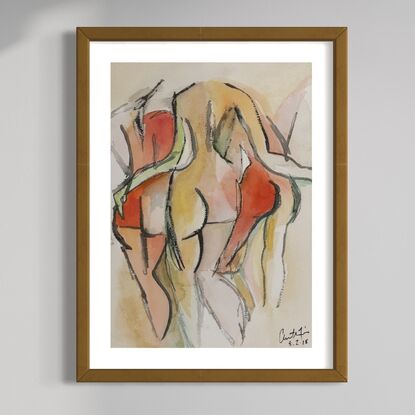 Watercolour image of 3 nude women from the back, in an embrace of friendship 