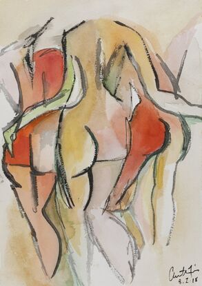 Watercolour image of 3 nude women from the back, in an embrace of friendship 