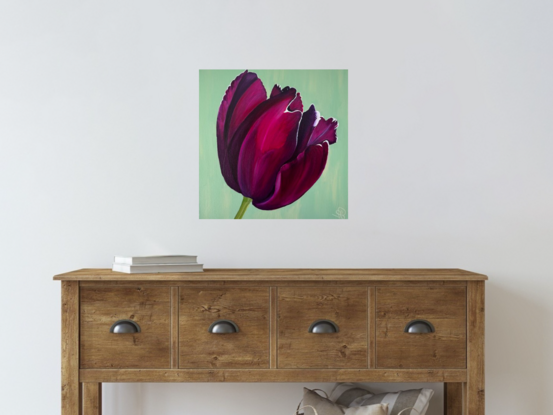 Single burgundy tulip painting with pale mint background