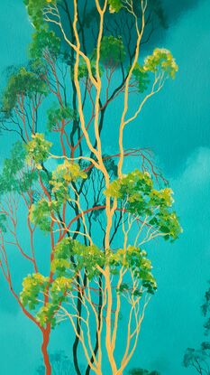 Oil painting, landscape, Australiana,, rainbow gums, teal skies, framed in Tasmanian Oak