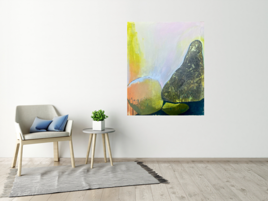 Peaceful spacious abstract landscape featuring rocks in pale palette