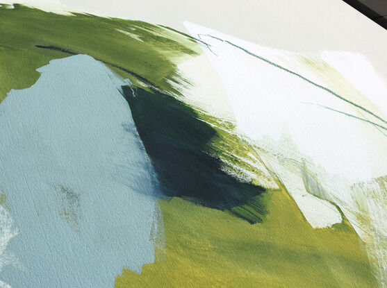 Large strokes of layered colours, grey, blue, green and mustard over a cream background with soft washes of yellow and green.