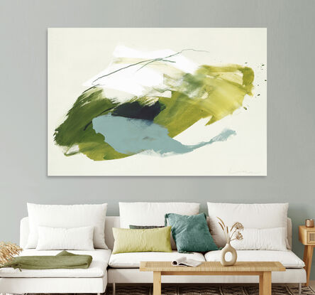 Large strokes of layered colours, grey, blue, green and mustard over a cream background with soft washes of yellow and green.