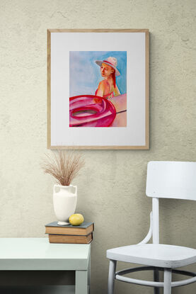 artwork showing a woman standing in a pool at the edge looking down
