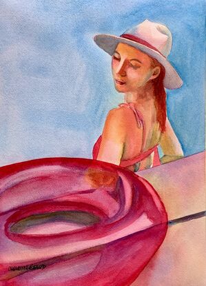 artwork showing a woman standing in a pool at the edge looking down
