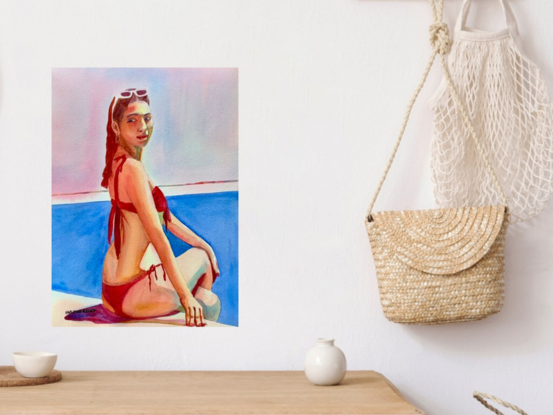 artwork showing a woman sitting at the edge of a pool 