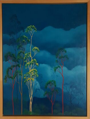 Oil painting, landscape, Australiana, gum trees, teal skies, framed in natural wood