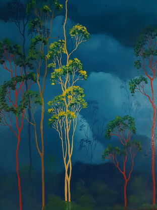 Oil painting, landscape, Australiana, gum trees, teal skies, framed in natural wood