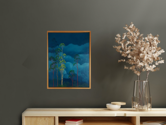 Oil painting, landscape, Australiana, gum trees, teal skies, framed in natural wood