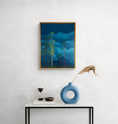 Oil painting, landscape, Australiana, gum trees, teal skies, framed in natural wood