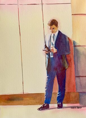 artwork showing a business man checking out his phone whilst standing in the street in Pyrmont, Sydney

