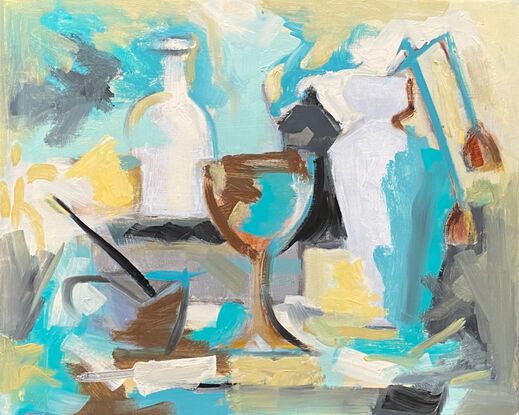 An abstracted still life of bottles, glass, vase and jug on a table.