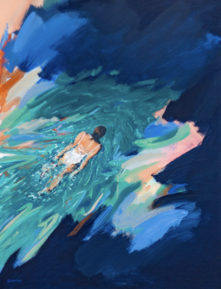 Abstract brushes of dark navy surround a swimmer, who is viewed from abov, swimming to the top right through turquoise, shadow and light rippling on their skin.