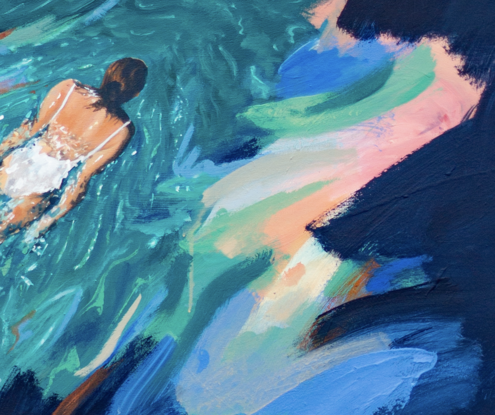 Abstract brushes of dark navy surround a swimmer, who is viewed from abov, swimming to the top right through turquoise, shadow and light rippling on their skin.