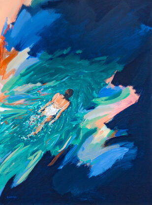 Abstract brushes of dark navy surround a swimmer, who is viewed from abov, swimming to the top right through turquoise, shadow and light rippling on their skin.