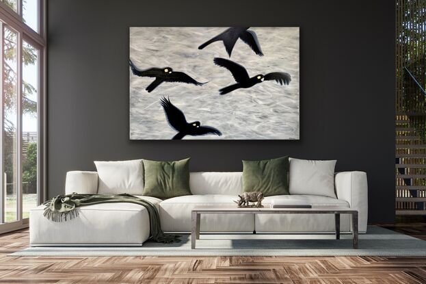 A Flock of Black cockatoos in an open sky