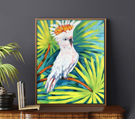 Major Mitchell's cockatoo original painting by Irina Redine. Australian pink cockatoo one of a kind wall art on canvas.