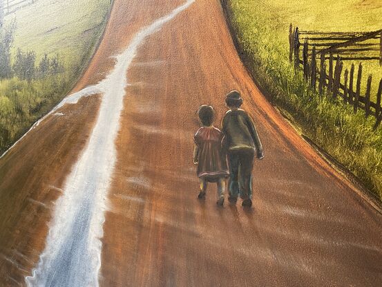 Two friends walking along the country road