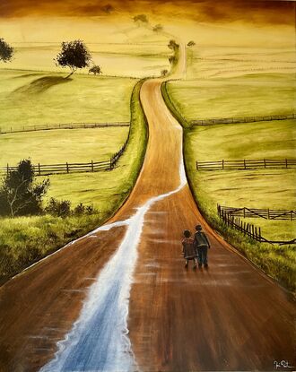 Two friends walking along the country road