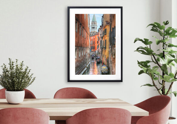 Five gondolas on the Grand Canal in Venice Italy