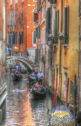 Five gondolas on the Grand Canal in Venice Italy