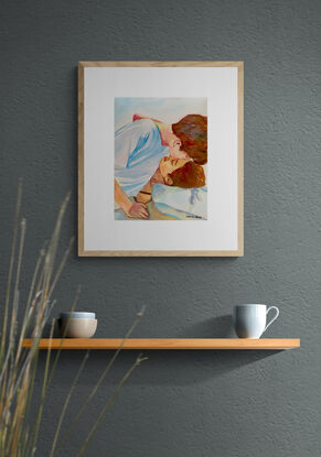 artwork showing a man kissing his girlfriend good morning as she wakes from sleep
