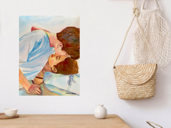 artwork showing a man kissing his girlfriend good morning as she wakes from sleep
