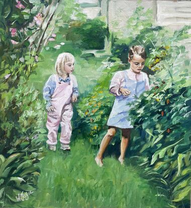 Two young girls walk down a garden path looking closely at the overgrown borders to see if they can find any tomatoes to pick.