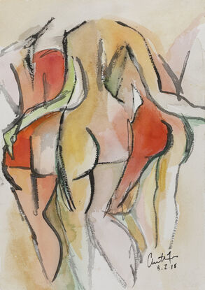 Watercolour image of 3 nude women from the back, in an embrace of friendship 