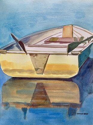 artwork showing a rowing boat floating in the water with the oars resting at the sides