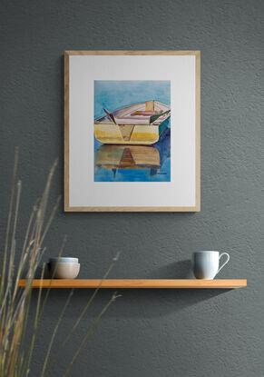 artwork showing a rowing boat floating in the water with the oars resting at the sides