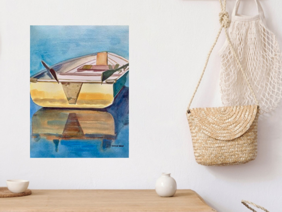 artwork showing a rowing boat floating in the water with the oars resting at the sides