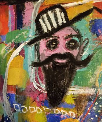 A fun piece with bright colours of blue, green,  pink, yellow and red with a male face with a moustache like Dali's and a beard. He is wearing a black and white striped, brimmed hat. 