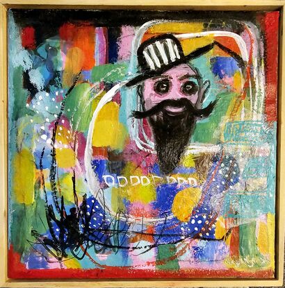 A fun piece with bright colours of blue, green,  pink, yellow and red with a male face with a moustache like Dali's and a beard. He is wearing a black and white striped, brimmed hat. 