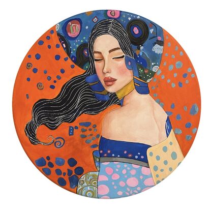 Woman in a patterned Japanese kimono with orange background. In the style of Gustav Klimt 