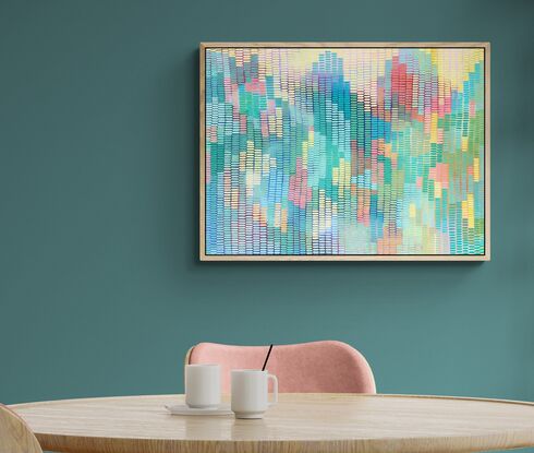 A multi coloured background featuring strong variation of colours across the spectrum from light to deep colours,  an abstract background covered in a veneer of mark making in a patchwork of pastel colours and deeper hues. In an abstract interpretation of the peaks and plains on the sunshine coast near Maleny.