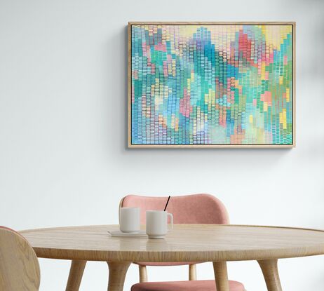 A multi coloured background featuring strong variation of colours across the spectrum from light to deep colours,  an abstract background covered in a veneer of mark making in a patchwork of pastel colours and deeper hues. In an abstract interpretation of the peaks and plains on the sunshine coast near Maleny.