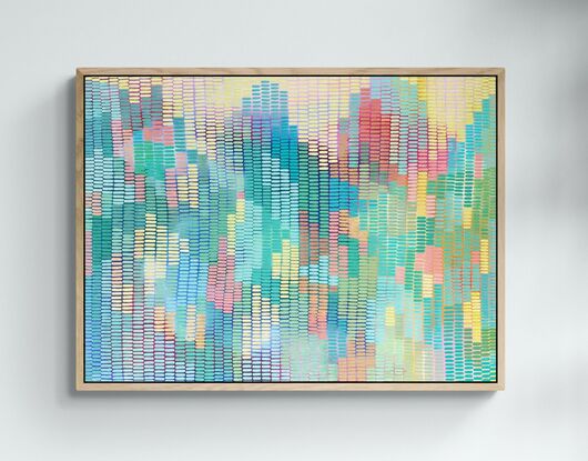 A multi coloured background featuring strong variation of colours across the spectrum from light to deep colours,  an abstract background covered in a veneer of mark making in a patchwork of pastel colours and deeper hues. In an abstract interpretation of the peaks and plains on the sunshine coast near Maleny.