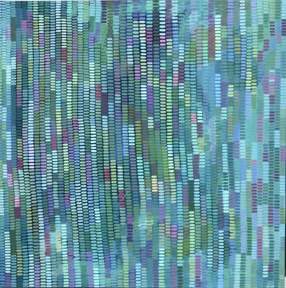 An abstract landscape of layers and contrast in small brush strokes arranged in a pattern, covered in individual mark making creating a veneer, the intention is to obscure what lies below in a beautiful way. Each mark is the result of many layers, and the colours are all mixed by the artist in a careful way. This work features every shade of blue and hints and hues of lilac