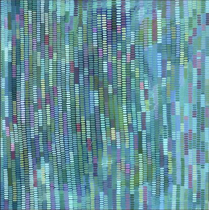 An abstract landscape of layers and contrast in small brush strokes arranged in a pattern, covered in individual mark making creating a veneer, the intention is to obscure what lies below in a beautiful way. Each mark is the result of many layers, and the colours are all mixed by the artist in a careful way. This work features every shade of blue and hints and hues of lilac