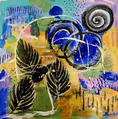 Bright blue, , light blue , touches of pink anf green background with black spirals leaves and mark making.  3 black fern leaves and white splashes and lines.