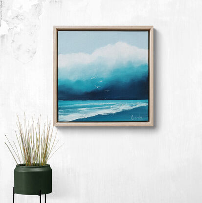 Small oil painting, of the beach with seagulls and beautiful teal clouds