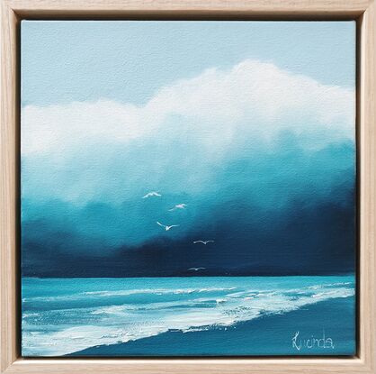 Small oil painting, of the beach with seagulls and beautiful teal clouds